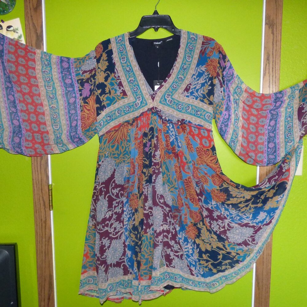 TOLANI GOTH BOHO MULTI COLOR LONG SLEEVE SHORT FULL CHIFFON BABYDOLL DRESS L